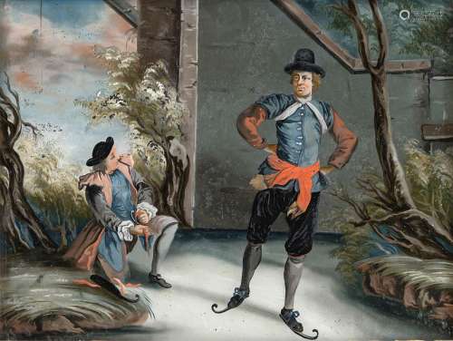 painting behind glass - skaters. Augsburg, mid-18th century. 19 by 26 cm. Transparent colours. Dutch skaters in the style of Hendrick Avercamp. Rubbed. Original frame. Provenance: From a Franconian private collection.