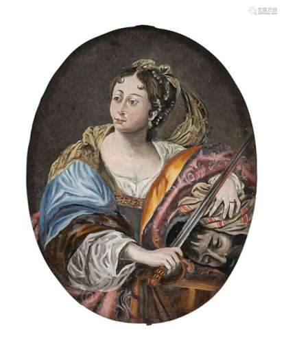 Painting behind glass - Judith with the head of Holofernes. Probably northern Switzerland, first half of the 18th century. 15.5x11.5cm, oval. After the painting by Virginia da Vezzo from around 1624-26 (now in the Musée des Beaux Arts, Nantes). Fine painting behind glass. L. ber. Provenance: From a Franconian private collection.