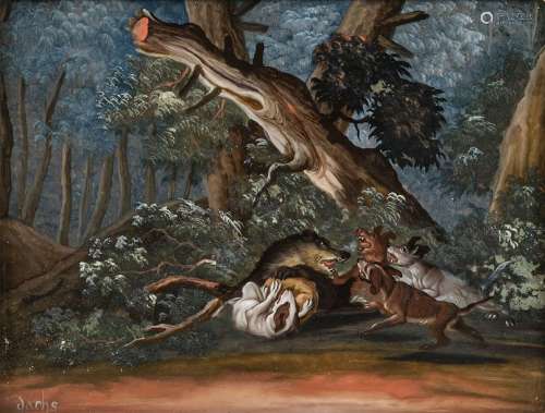 painting behind glass - badger hunt. Augsburg, second half of the 18th century. 25.5 x 19.5 cm. After an engraving by Joh. H. Ridinger. Transparent colours. Inscribed 