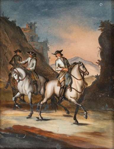 Painting behind glass - gallant riders. Probably Augsburg, about 1760/70. 25 x 19.5 cm. Transparent colours. Three rococo riders in a valley. Ber. Probably original frame. Provenance: From a Franconian private collection.