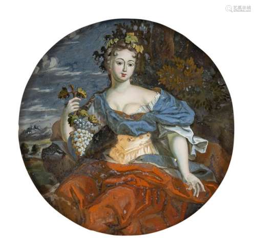 Painting behind glass - allegory of autumn. Switzerland, 18th century. D. Seven centimeters. A young woman as a bacchante with grapes in her hair and in her hand. Fine painting behind glass. Rs. ref.: J.B. Hügli à Colombier (Neuchâtel). Something about. Provenance: From a Franconian private collection.
