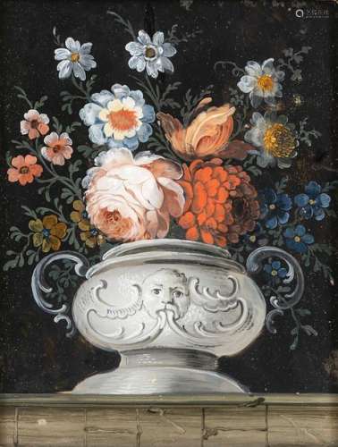 painting behind glass - still life of flowers. Augsburg, mid-18th century. 25.5 x 20 cm. Transparent and opaque colours, dark background. Flowers in baroque vase on wall. L. ber., slightly retouched. Provenance: From a Franconian private collection.