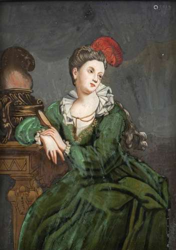 Painting behind glass - lady in green dress. South German, c. 1730/40. 26 x 19.5 cm. Baroque lady in green dress sitting at a table with a censer. Transparent and opaque colours, grey background. L. ber. Old frame. Provenance: From a Franconian private collection.