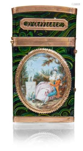 Toiletries bag with miniature paintings. France, circa 1780/85. 9 x 5 x 1 cm. Flat case decorated with green marbled opaque enamel. Red gold mounting, 