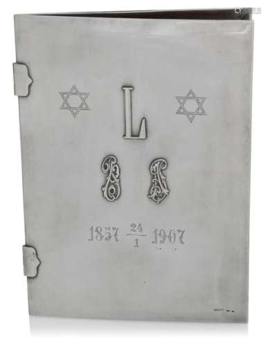 Judaica briefcase. Warsaw, dated 1907. 28.5 x 20.5 cm. Silver book spine and cover with hinges. Applied monograms, among others 