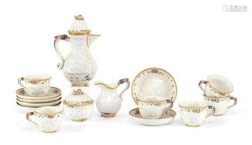 Mocha service with swan decoration. Meissen, 20th century. . Model by Johann J. Kaendler on order of Count Heinrich von Brühl. Mocha pot, sugar bowl, milk jug, 6 mocha cups with saucers. Polychrome painting and decorative gilding, underglaze blue sword marks, press and painter marks. Min ber. Provenance: Stuttgart private collection.