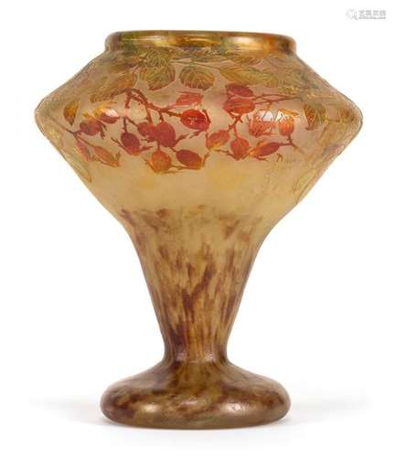 Vase 'Eglantiers'. Thumb, Nancy, circa 1910. H. 28 cm. Colourless glass with yellow, brown and pink fusions. Green-brown and red-orange overlaid with etched decoration of rosehip twigs with fruit. On wall sign. Thumb, Nancy, Lorraine Cross. Provenance: From a private collection in Stuttgart. See Daum: Daum. Maîtres verriers, p. 86 (decor).