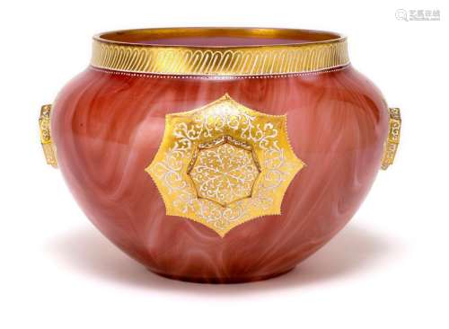 Cachepot. Loetz Wwe., Klostermühle, c. 1890. H. 19 cm. White opal glass, red-brown veined overlay. Painted decoration in gold and white enamel. The wall with four star-shaped decorative knobs. Minim. best. For the decoration see Ricke/Ploil: Lötz, Vol. 1, p. 65, No. 9.