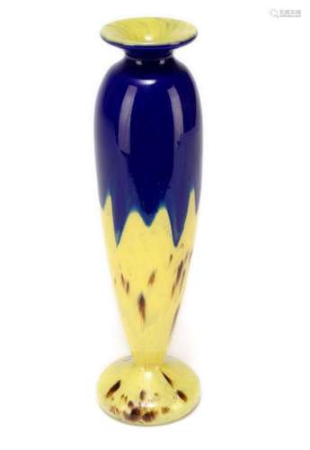 Vase. Verreriers Schneider, Epinay-sur-Seine, 1918-33. H. 36 cm. Colourless glass with yellow powder fusion and brown stains, the upper third is blue. On foot, as in 'tailor'. On the decoration see Joulin/Meier: Charles Schneider, p. 299.