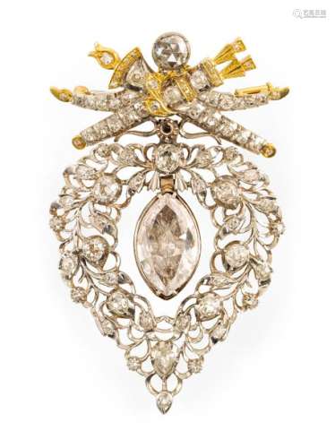 Magnificent diamond pendant. . . L. 7.3 cm. Pendant in baroque style. Platinum on the front, 585 yellow gold on the back. Upper part formed by arrow quivers and bows, below it an open-worked, floral pendant, in the middle a movable pendant, lined with a diamond navette of approx. 3.97 ct. (at the rim min. dam.), below a diamond navette of about 0.41 ct. to improve the brilliance of the upper stone. Furthermore, 83 diamond roses. Total weight approx. 38 gr. Can also be worn as a brooch. Provenance: From old private property in Stuttgart. A copy of the 1982 report is available.