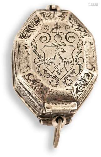 One-handed neck watch. Inscribed J Barberet AParis, c. 1640. l. 4.5 cm. Octagonal silver case, hinged on both sides, partly figural, partly ornamentally engraved. Silver dial with applied gold-plated dial ring and decorative lily hands. Fire-gilt spindle movement with gut string over snail. Later, diamond-shaped openworked block. Eagle-crowned coat of arms cartridge. Rest. Erg. provenance: important southern German watch collection in longstanding private ownership. Acquired at Ineichen Zurich auction 89 in November 1990. See G. H. Baillie, Watchmakers & Clockmakers of the World, Volume 1, p. 15.