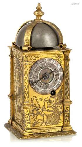 Renaissance table clock. Hallmarked CK, circa 1620. H. Six inches. Single-handed turret clock with hour strike on open bell and repetition on request. Under dial punched CK (Conrad Kreizer Augsburg?). Fire gilded case decorated on all sides with figural depictions. Champleve dial with tulip-shaped hands. On the back engraved striking mechanism control and gear adjustment device. Ironworks with massive iron wheels, converted to rear pendulum. String tension via worm/chain. Rest. Erg. provenance: important southern German watch collection in longstanding private ownership. Acquired at Ineichen/Zurich auction 67 in November 1986. See G. H. Baillie, Watchmakers & Clockmakers of the World, Volume 1, p. 184.