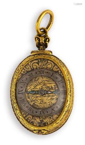 One-handed neck watch. Probably south german, about 1650, inscribed Peters Nuremberg 1660. l. 4,5 cm. Silver, partially gold-plated oval case. Front engraved with flower tendrils. The silver number ring encloses a city view. Roman numerals. Blued iron hands. Balance and balance cock much later. Rest. Erg. provenance: important southern German watch collection in longstanding private ownership. Acquired in October 1991 in the auction house Fischer/Heilbronn, auction 63.