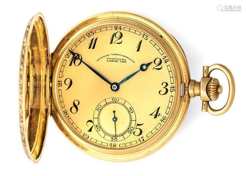 Gold savonette. German watch factory Glashütte I/SA, 20th century. D. Two inches. Flat gold case with raised garland bezel. Glass is missing. Coloured dial with Arabic numerals, steel hands and small second hand. Anchor passage. Rest. Erg. provenance: important southern German watch collection in longstanding private ownership. Acquired from Ineichen Zurich in June 1975.