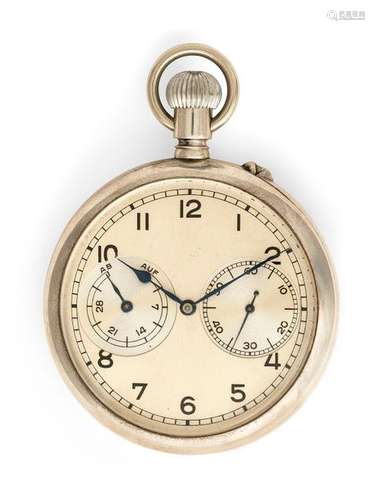 Silver observation watch with up and down movement. A. Lange & Söhne Glashütte i. Sachsen No. 204725. D. 6 cm. Smooth housing. Housing no. 204739 different. Silver dial with Arabic numerals, small second, scale for power reserve (35 hours) and blue pear-shaped hands. Gold-plated movement with anchor escapement, compensation balance and Breguet hairspring. Fine adjustment. 48 caliber. Rest. Erg. provenance: important southern German watch collection in longstanding private ownership. Acquired in December 1984 in the auction house Klöter/Dätzingen, auction 43.