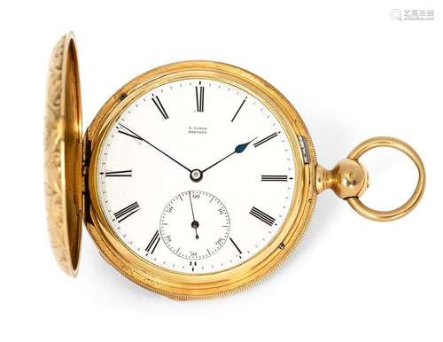 Gold savonette. Adolph Lange Dresden 4755, c. 1870. D. 5.5 cm. Signed on dial and movement. Floral engraved 18kt gold case. Ribbed middle section. Fine enamel dial with Roman hours, small second and blued hands. Glass loose. Gold plated 2/3 plate movement with key winding. Ruby set in gold chatons, gold anchor and escape wheel mounted between capstones. Compensation balance with gold screws, diamond cap jewel, Breguet hairspring, engraved balance cock. Rest. Erg. provenance: important southern German watch collection in longstanding private ownership. Acquired in December 1984 in the auction house Klöter/Dätzingen auction 43.