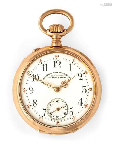 Ladies' pocket watch. German watch manufacturer Glashütte A. Lange & Sons, 22661, c. 1860. D. 3.5 cm. Beautiful and well preserved ladies gold watch 585, smooth case. Signed on dial and movement. Enamel dial with Arabic hours and minute markers. Finely decorated gold hands and small second hand. Anchor passage. Rest. Erg. provenance: important southern German watch collection in longstanding private ownership. Acquired by Ineichen/Zurich in May 1973.