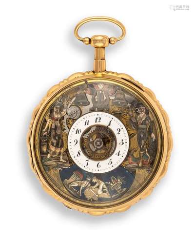 Pocket watch with figure automaton. Breguet & Fils, Paris, circa 1810. D. 6 cm. Gold case. Polychrome enamelled front. Enamelled dial ring with Arabic numerals. Movement with verge escapement, chain and worm, openworked verge cock decorated with diamonds. On dust cover ref. Breguet & fils. The repeater movement is visible through the dial. A lady with a bouquet of flowers and a man standing on a gondola hitting with hammers on two bells arranged above. In the lower part a sitting dog with flower bouquet. Behind it later, retrofitted erotic automaton. The machine is worked in a very fine quality. Rest. Erg. provenance: important southern German watch collection in longstanding private ownership. Acquired from Leiter in Pforzheim in September 1970. See G. H. Baillie, Watchmakers & Clockmakers of the World, Volume 1, p. 39.