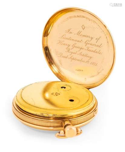 Gold pocket watch. Probably England, no. 13710 with dedication, late 19th century. D. 5.5 cm. Finely guilloched gold case. Dial with Roman numerals and fine hands. Strike and play. Hourly and quarter-hourly repetition. Release of the chime and percussion mechanism on request. Inner cover with dedication: 