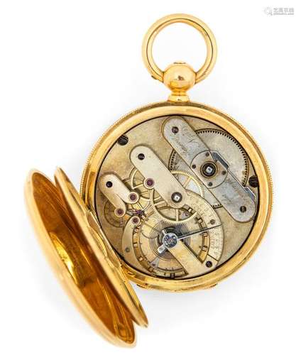 Gold savonette with key wind-up. Jules Jürgensen Fils N. 7169, Geneva, 19th century. D. 5.3 cm. Heavy gold savonette with key wind-up. On dial, movement and dust cover signed. Jules Jürgensen Fils. On movement and dust cover additionally Genève and N 7169. 18kt guilloché 3-cover gold case. Fine enamel dial with Roman hours, small seconds and blued pinhole shaped hands. Gold-plated and rhodium-plated bridge movement with anchor escapement, long lever fork, large compensation balance and Breguet hairspring. Extra long regulator arm with scale on the minute wheel bridge. Rest. Erg. provenance: important southern German watch collection in longstanding private ownership. Acquired in June 1986 in the auction house Klöter/Dätzingen. See G. H. Baillie, Watchmakers & Clockmakers of the World, Volume I, p. 176.