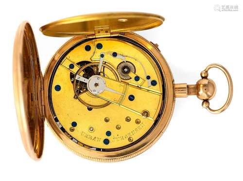 Heavy gold pocket watch with double-wheel duplex escapement and quarter-repeater. Urban Jürgensen Sönner N° 544, Copenhagen, c. 1820. d. 5.5 cm. 18 ct gold case. Duplex Echappement Urban Jürgensen. Guilloché gold case with ribbed middle part. Gold plated bezel. Cambered enamel dial with Breguet numerals and signature at 