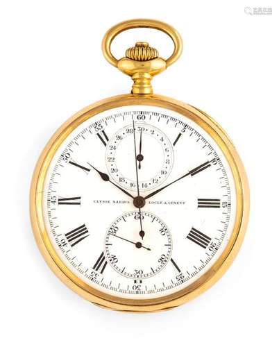 Pocket watch chronograph. ULYSSE NARDIN LOCLE & GENÈVE No. 200625, c. 1910. 5.5 cm. Smooth 18kt gold case with gold bezel. Fine enamel dial with Roman hours and Arabic minute markers. Small second and 30-minute counter. Blued, pear-shaped hands. Central chronograph hand, nickel-plated 2/3 plate movement with lever escapement, compensation balance and Breguet hairspring. Fine adjustment, polished chronograph levers on the top of the movement. Swiss patent 54714. Rest. Erg. provenance: important southern German watch collection in longstanding private ownership. Acquired in March 1985 in the auction house Klöter/Dätzingen, auction 44. See G. H. Baillie, Watchmakers & Clockmakers of the World, Volume 1, p. 230.