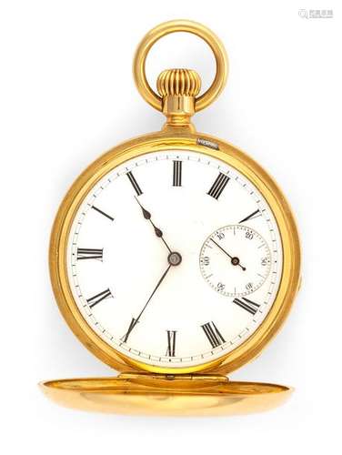 Fine half-savonette gold pocket watch. Patek Philippe, circa 1860. Smooth 18 kt gold case. Spring lid with central window cut-out and blue enamel number ring. On the reverse polychrome enamel monogram 