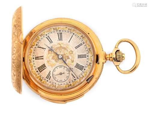 Fine gold savonette pocket watch with quarter repetition. C.J & A.PERRENOUD & Cie. LE LOCLE, N°1195, Switzerland, c. 1890. D. 5.5 cm. Heavy 18kt gold sapphire sapphire with minute repeater. Very massive case, exceptionally richly decorated with flowers and leaf tendrils. Guilloché, finely engraved silver dial with gilded decorations, Roman hours, blued lily hands and small seconds. Decoratively inscribed and decorated gold cuvette. Glazed, rhodium-plated lever movement with belt grinding. 27 rubies. Compensation balance and Breguet hairspring. Rest. Erg. provenance: important southern German watch collection in longstanding private ownership. Acquired by Ineichen/Zurich in November 1985.