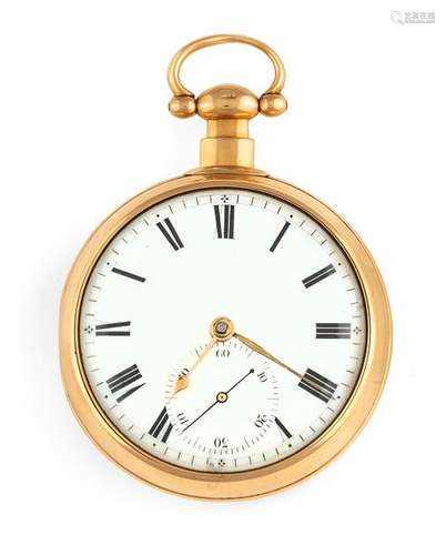 Heavy gold pocket watch in double case. F. Barned Liverpool N. 1943, England, c. 1820. D. 5.5 cm. Smooth 18kt gold case. Very well preserved enamel dial with roman numerals and small seconds. Gold pointer. Fire-gilt movement with rake anchor escapement, chain and worm, engraved cock. Diamond capstone, three bearing stones in bolted chatons. Dust cover. Signed on work F. Barned & Co. Lord Street LIVERPOOL 1943. Minute hand broken off. Rest. Erg. provenance: important southern German watch collection in longstanding private ownership. Acquired in March 1984 in the auction house Klöter/Dätzingen, auction 39. See G. H. Baillie, Watchmakers & Clockmakers of the World, Volume I, p. 16.