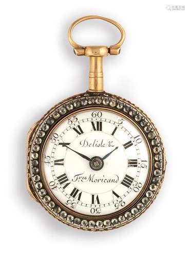 Fine ladies' jewellery watch. Delisle & Freres Moricand, Geneva, 19th century. D. 3.5 cm. Gold case with fine enamelled back cover. Stone-covered bezel. Signed on dial and movement. No. 2160. white enamel dial with Roman hours and Arabic minute markers. Later conversion from spindle to cylinder escapement. Rest. Erg. provenance: important southern German watch collection in longstanding private ownership. Acquired from Leiter in Pforzheim in November 1971. See G. H. Baillie, Watchmakers & Clockmakers of the World, Volume 1, p. 81.