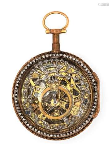 Gold spindle pocket watch. Gudin A PARIS, circa 1780. D. 4 cm. Gold case glazed on both sides, richly engraved. Skeletonized work. Fine enamel dial with Roman numerals and large Arabic numerals. Gold plated hands, bezel decorated with gemstones all around. Fire gilded and magnificently skeletonized, engraved movement set with gemstones. Silver mountings and crown finish, verge escapement. Rest. Erg. provenance: important southern German watch collection in longstanding private ownership. Acquired in September 1983 in the auction house Klöter/Dätzingen, auction 36. See G. H. Baillie, Watchmakers & Clockmakers of the World, Volume 1, p. 135.