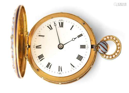 Gold enamel pocket watch. Geneva, circa 1810. D. 4.2 cm. Spring lid in blue-red enamel with pearl trimming. Enamel dial with Roman hours and Arabic numerals. Hole-shaped steel pointer. Glass is missing. Solid plate cylinder movement Rest. Erg. provenance: important southern German watch collection in longstanding private ownership. Acquired from Leiter/Pforzheim in June 1972.