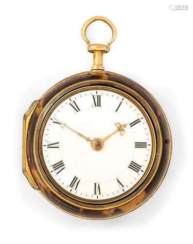 Gold pocket watch in double case. Geo. Graham London 6270, circa 1746. D. 5 cm. Early gold cylinder pocket watch in double case. Signed on dust cover and work. Enamel dial with roman hours. Gold pointer. High, fire-gilt movement with square pillars. Rich movement decorations, filigree worked balance bridge with diamond capstone. Early cylinder escapement (brass cylinder wheel), with gold-plated tortoise shell case and copper nail decoration. Rest. Erg. provenance: important southern German watch collection in longstanding private ownership. Acquired in September 1982 in the auction house Klöter/Dätzingen auction 32. See G. H. Baillie, Watchmakers & Clockmakers of the World, Volume 1, p. 129.