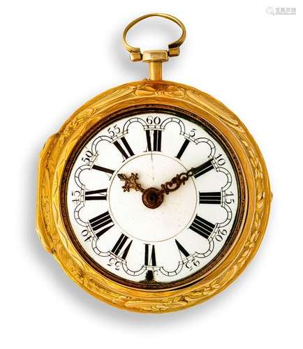 Gold pocket watch in double case. Elicot London, 18th century. D. Two inches. Smooth housing. Richly embossed over-case decorated on the front side with mythological scenery. Glass loose. Enamel dial with Roman hours and wavy Arabic numerals. Gold plated hands. On work related to Elicot London. Spindle movement with chain and worm. Rest. Erg. provenance: important southern German watch collection in longstanding private ownership. Acquired in June 1970 in the Galerie am Neumarkt/Zurich. See G. H. Baillie, Watchmakers & Clockmakers of the World, Volume 1, p. 99.