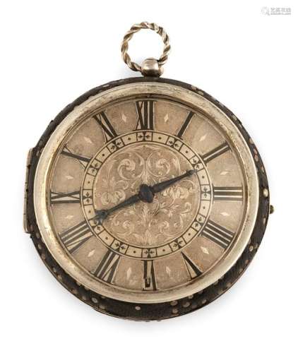 Single-handed silver watch in over case. Beniamin Hill London, circa 1650. D. 5.5 cm. Smooth silver case. Outer casing decorated with silver nails and dark leather. Champlevé silver dial. Roman numerals and steel hands. Fire-gilt spindle movement with gut string. Rest. Erg. provenance: important southern German watch collection in longstanding private ownership. Acquired by Ineichen Zurich in October 1976. See G. H. Baillie, Watchmakers & Clockmakers of the World, Volume 1, p. 153.