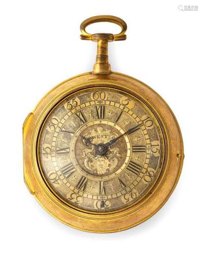 Large gold-plated pocket watch in an over-case. 