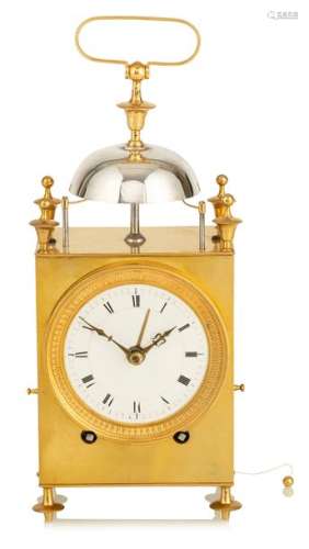 Travel clock, so-called Capucine. Probably Vincentt & Cop, Paris, circa 1850. H. 28 cm. Early French Capucine. Gold plated, smooth brass case on four feet. Rectangular body with four vase-shaped ends. Bowl-shaped bell with carrying handle. Enamel dial with roman hours. Decorated patch of lunette. Eight-day movement with cylinder escapement. Half-hour and hour strike with automatic repetition on bell. Additional repetition via cord lift possible. Clockwork with cord winding from the roof of the case on the left side. Central alarm hand. All percussion levers are mounted on the back plate. Scythe-type rake with a sensory rake. Rest. Erg. provenance: important southern German watch collection in longstanding private ownership. Acquired from Hermann Grieb in Dätzingen in March 2006.