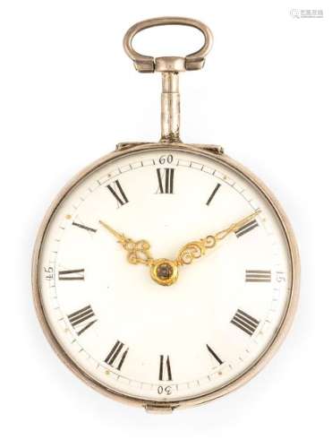 Silver spindle pocket watch. Late 18th century. D. 4.5 cm. Smooth silver case. Case maker CS. White enamel dial with Roman numerals and gold-plated hands. Fire-gilded spindle movement. Rest. Erg. provenance: important southern German watch collection in longstanding private ownership. Acquired in December 1993 at the auction house Nagel/Stuttgart, auction 227.