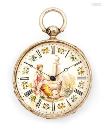 Lady's pocket watch. Probably France, circa 1840. D. 4.5 cm. Key watch. Silver case glazed on both sides, gold plated. Enamel dial with floral decoration and cotton wool scenery. Besch. Glass loose. Roman hours. Engraved and gilded movement. Rest. Erg. Aged. Provenance: Important South German watch collection in private ownership for many years. Acquired at Nagel Auctions in Stuttgart in March 1973.