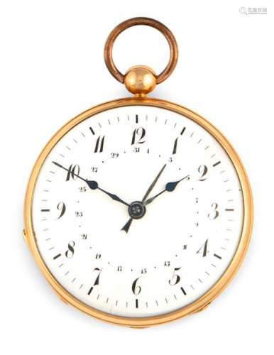 Gold pocket watch with date. Ate Vuillé, France, circa 1830. D. 5.5 cm. Guilloché gold case with enamel dial and Arabic hours, date display and blued hands. Gold-plated 3/4 plate movement with cylinder escapement, ruby cylinder, supported mainspring barrel bridge and key winding. Rest. Erg. alt. on inner lid ref. 4291. dust cover: Echappement A Cylindre En Pierre Huit Trous En Joyaux. Provenance: Important South German watch collection in private ownership for many years. Acquired in March 1982 in the auction house Klöter/Dätzingen, auction 30.