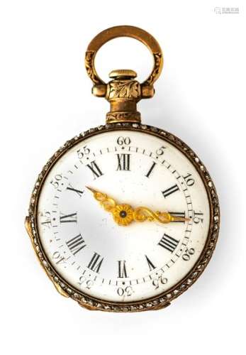 Miniature ladies' watch. France, circa 1850. D. 2.5 cm. Finely engraved gold case with blood jasper lid on the back. Dust lid with the French saying 