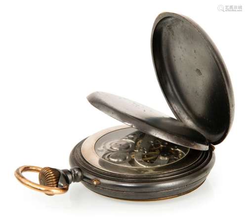 Large pocket watch with calendar. France, 19th century. D. 9.5 cm. Burnished iron casing. Decorative, partly gold-plated silver dial with steel hands and subsidiary dials for date, month, weekdays and small second hand with moon phase. Anchor passage. Brown, original leather case with stand. Serial number 67448. Rest. Erg. provenance: important southern German watch collection in longstanding private ownership. Acquired from Ineichen Zurich in May 1973.