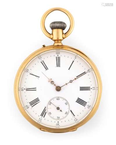 Pocket watch. Switzerland, 19th century. D. 4.5 cm. 18kt gold case. White enamel dial with Roman numerals, small seconds and decorated hands. Nickel-plated lever movement with compensation balance.