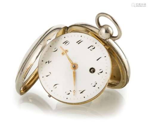 Rare pocket watch. Signed Hahn Hofmechanicus in Stuttgart, about 1800. d. 5,5 cm. Smooth silver case, gold plated inside. White enamel dial with Arabic numerals and fine, decorated hands. Best. Fire gilded, cock typical movement construction with cylinder escapement and ruby capstone. Agessp. See: Philipp Matthäus Hahn, 1739-1790, exhibition of the Württembergisches Landesmuseum Stuttgart and the towns of Ostfildern, Albsatdt, Kornwestheim, Leinfelden-Echterdingen, volumes 1 and 2.