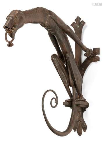 Grotesque iron boom. 19th century. H. Three feet. Driven sheet metal. Aged. Aged. Provenance: From a large southern German private collection.