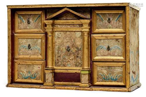 Baroque table cabinet. Italy, 17th century. 48x72x35 cm. Eighty-sixed. Bronze handles. Wood, partially set. Textile overlay with silk embroidery. Rest. Erg. Aged. Paper wallpaper on the reverse side.