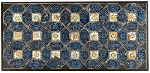 Table top with tile decoration. 17th and 18th centuries (tiles). 123x60 cm. Using polychrome glazed tiles. Provenance: South German aristocratic property. Previously owned by the well-known and highly esteemed Egyptologist, author and art collector Guy Weill Goudchaux (1931 - 2014). Rear dealer label, Rome/Italy.