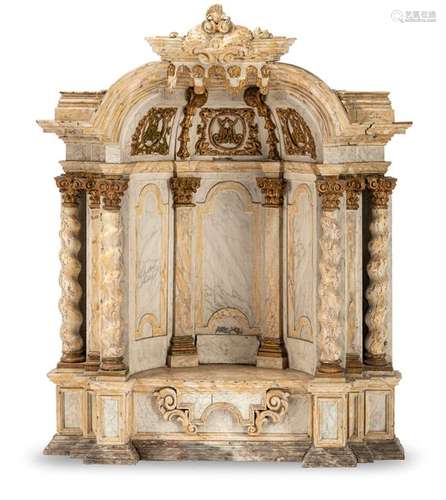 Magnificent baroque altar tables. South German, 18th century. 100x83x43 cm. Set in a grained pattern and partly gilded. Carved, twisted columns. Rest. senile Provenance: From a large southern German private collection. Originally probably part of a larger interior design.