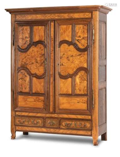 Transition floorboard cabinet. Alsace/Lorraine, c. 1770/80. 220x170x65 cm. Three plinth drawers and two doors. Brass fittings. Rest. Erg. age-sp. oak, root burl and others Cf. F. Levy Coblentz, L'Art du meuble en Alsace, p. 399.