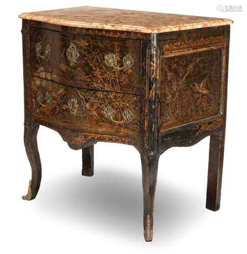 Magnificent rococo chest of drawers with chinoiseries. 18th century. 89x90x60 cm. Double-barrelled. Brass fittings. Polychrome lacquer painting. Breche d'Alep plate. Rest. senile Elegant salon furniture with garden landscape and birds.